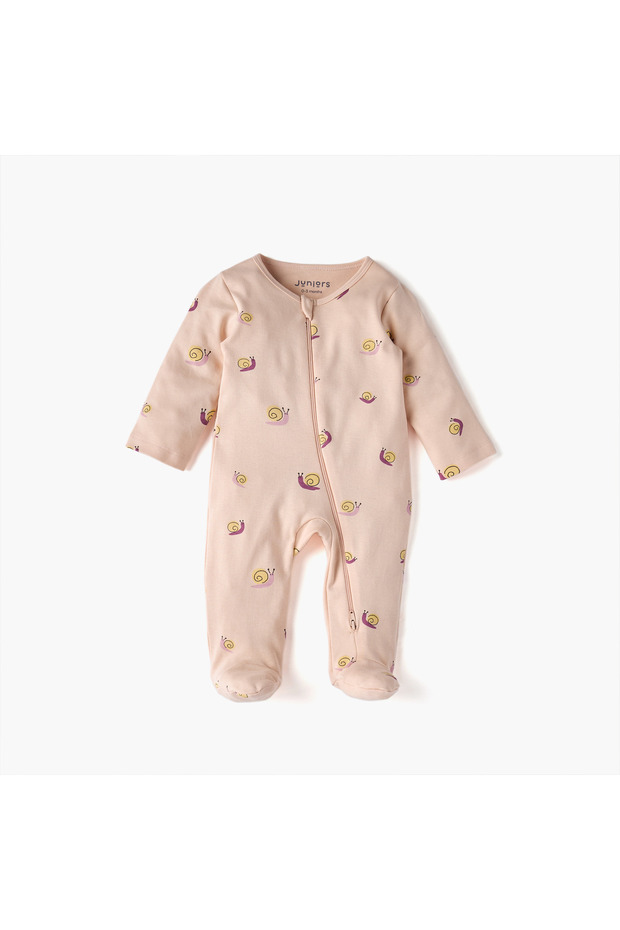 Snail Print Sleepsuit with Long Sleeves and Zip Closure