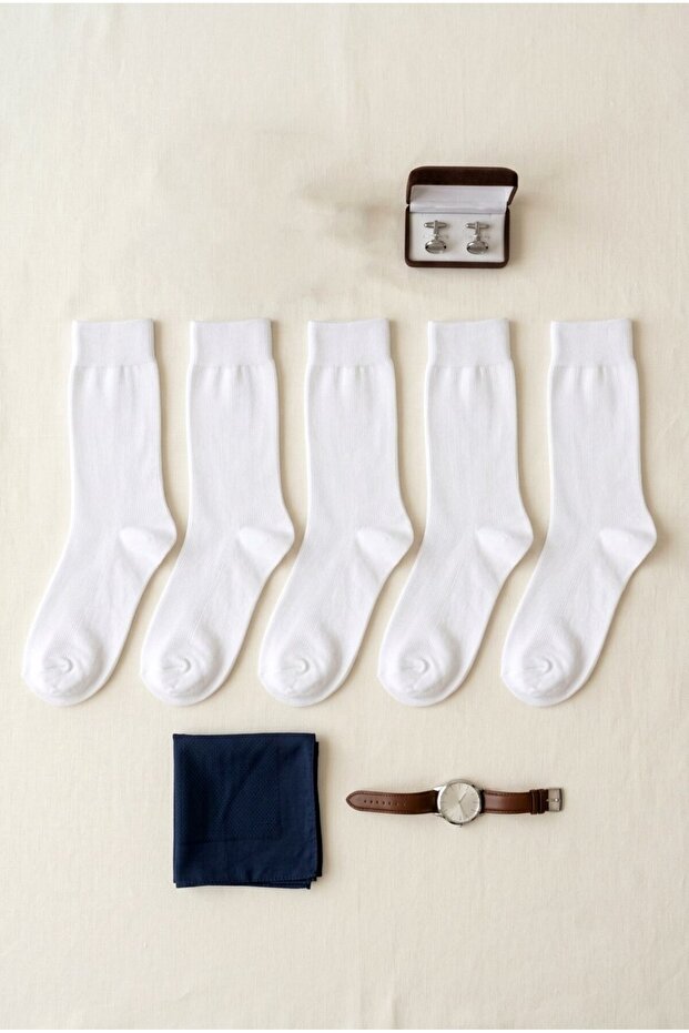 Men's White Classic Plain 5-Piece Long Socks