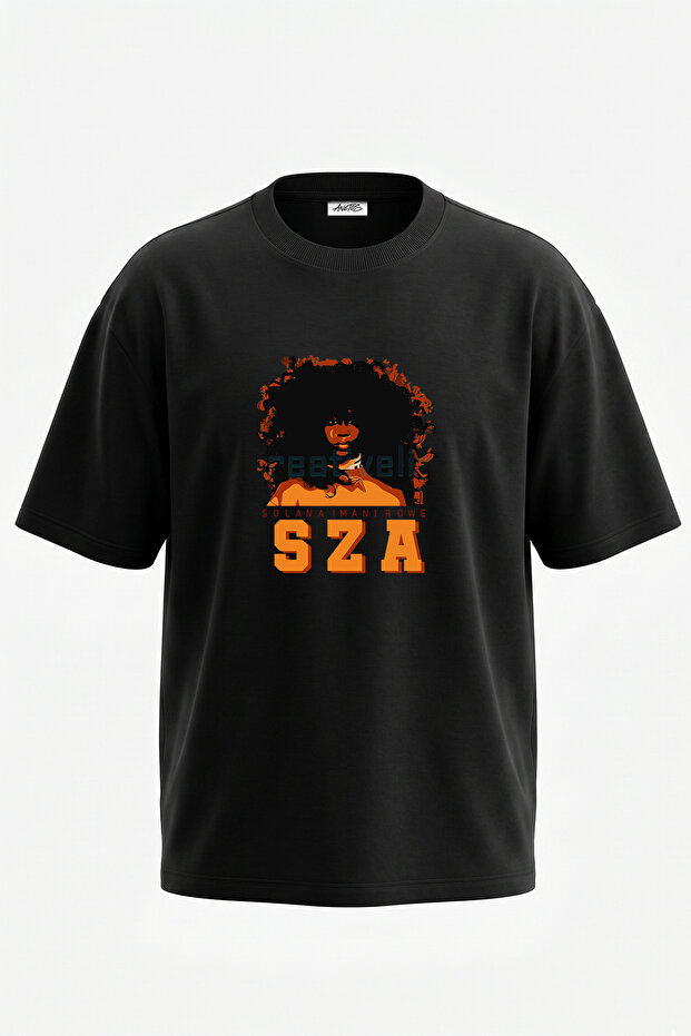 تي شيرت أسود كبير الحجم مطبوع بتصميم SZA_2