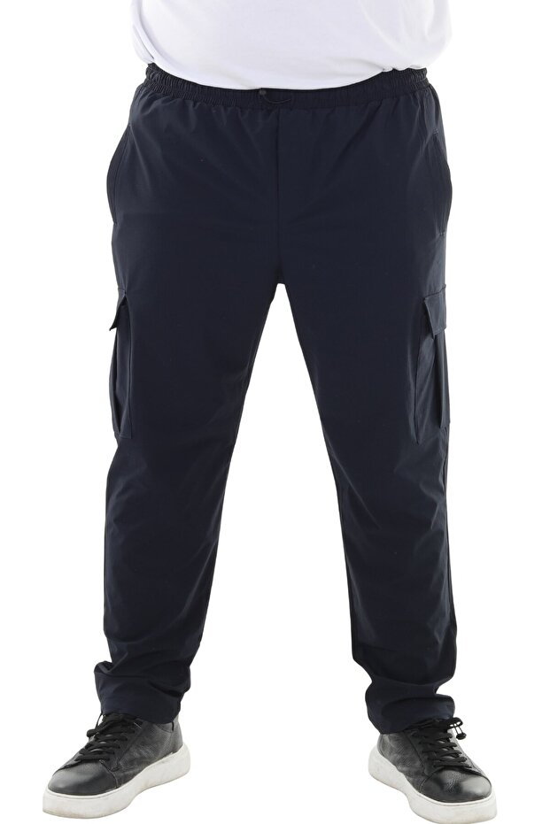 Men's Large Size Cargo Pocket Lycra Parachute Fabric Pants/Sweatpants Navy Blue