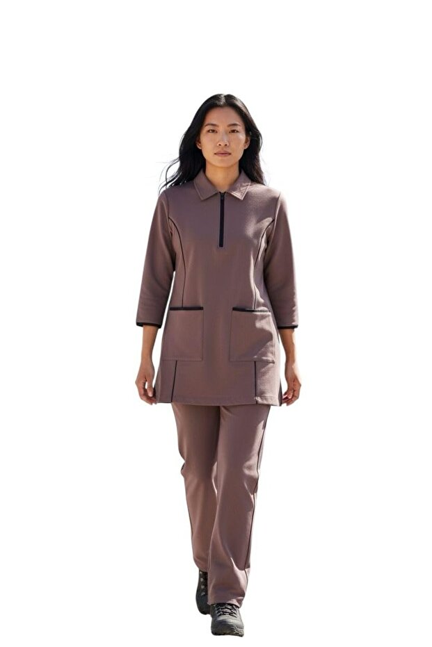Housemaid Uniform/Nurse Uniform/Medical Scrub Set with Black Piping - Two Patch Pockets on Top, Comfortable & Durable (Brown, XL)
