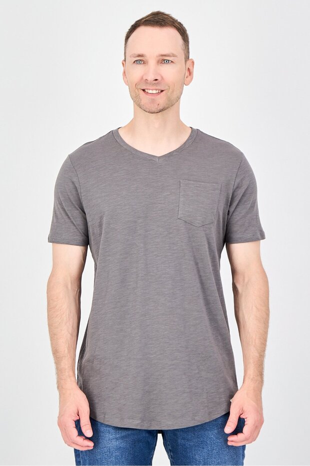 Men V-Neck Short Sleeve Plain T-Shirt, Grey