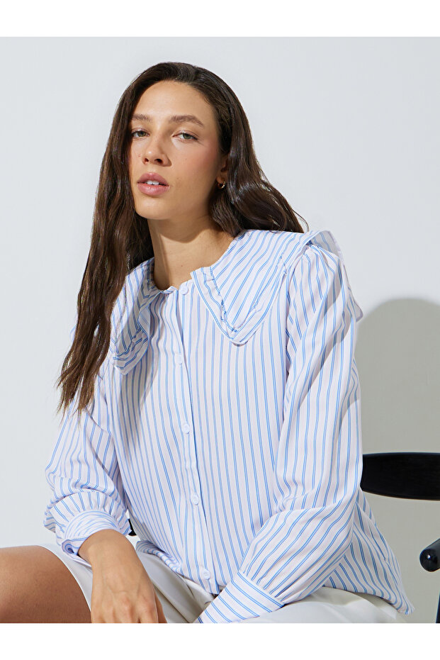Blue Ruffle Peter Pan Collar Striped Shirt