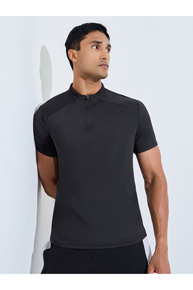 Men Black Quarter Zip Short Sleeve T-Shirt