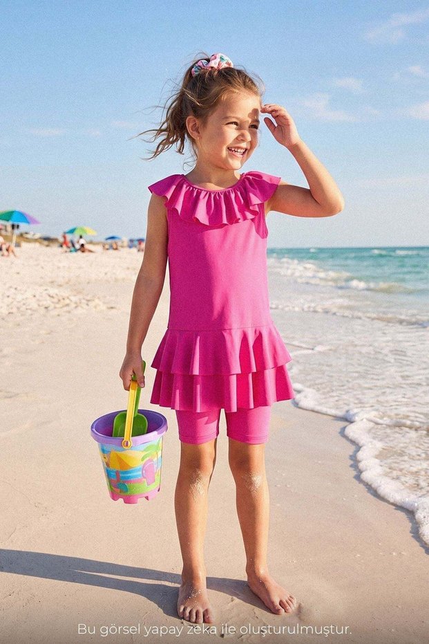Fuchsia 3-Piece Girls' Swimsuit Set with Skirt and Collar Detail 7005