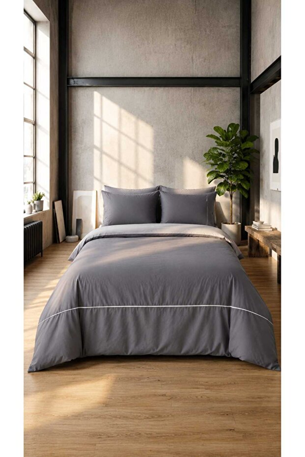 Silent Gray 100% Cotton Embroidered 6 Piece Double Duvet Cover Set