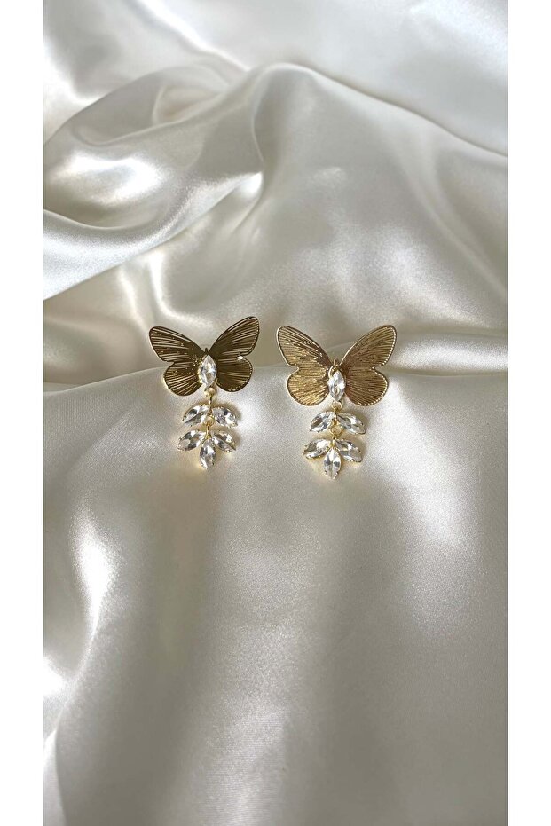 Women's Gold Color Stone Butterfly Model Dangle Earrings