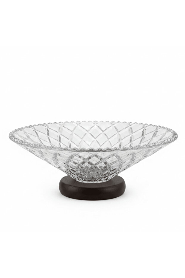 Crystal Diamond-Cut Glass Fruit Bowl with Wooden Base - 25×10 cm