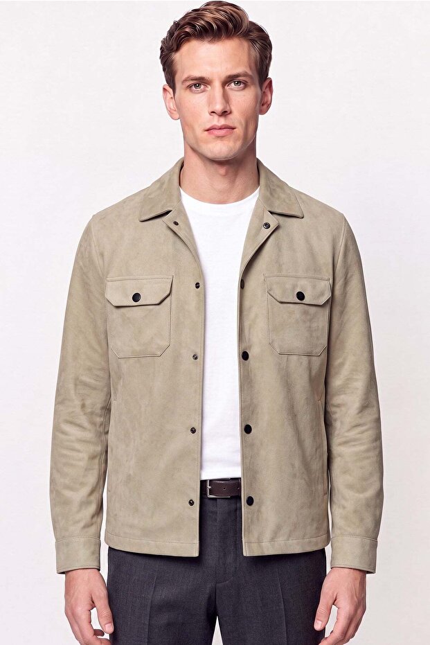 Comfort Fit Cotton Side Pocket Snap Fastener Shirt Model Beige Coat Mt 181