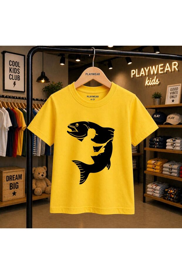 Fish Angler Printed 100% Children's Unisex T-Shirt 5 6 -7 8-9 10 -11 12 Years Old