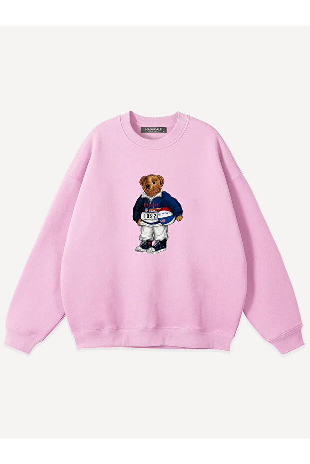 Unisex College Teddy Printed Crew Neck Oversize Sweatshirt