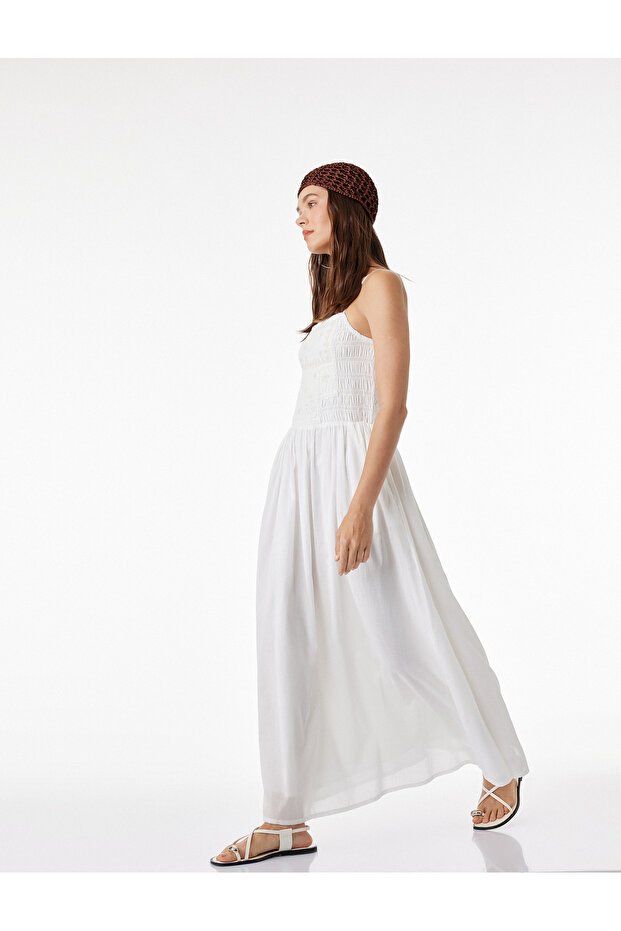 Cotton U-Neck Strappy Embroidered A-Line Long Dress