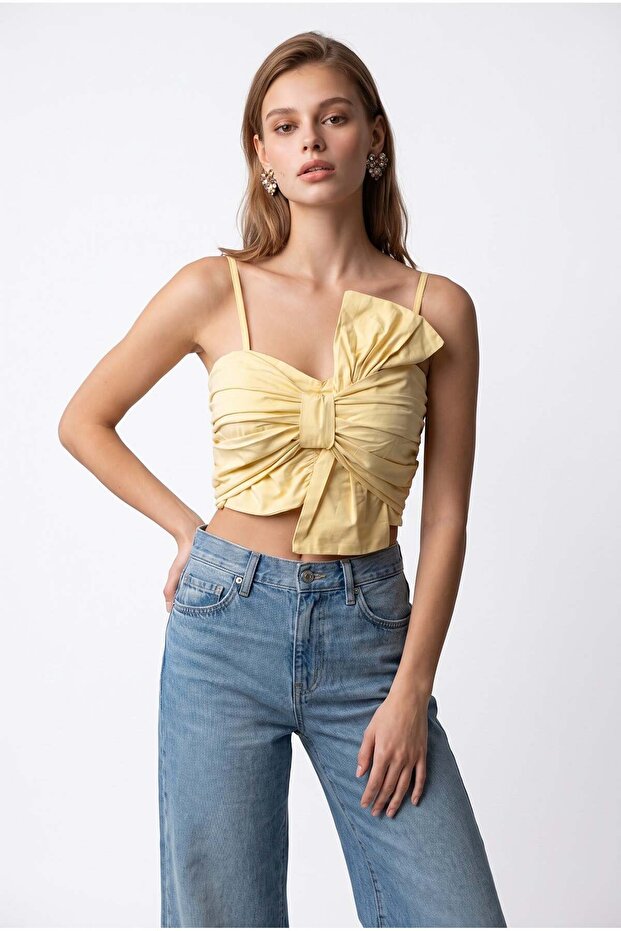 2197 Women's Ribbon Detailed Draped Strap Crop Blouse Yellow