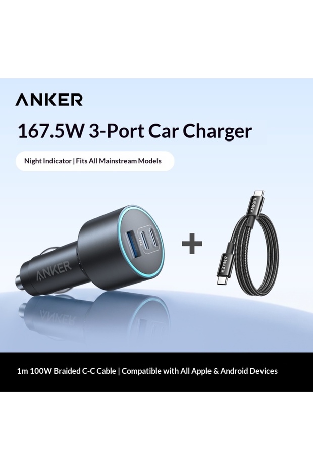 167.5W set Anker 167.5w 3-Port Fast Car Charger, 2 Usb-C + 1 Usb-A Pd Qc3.0 High-Speed Adapter For M
