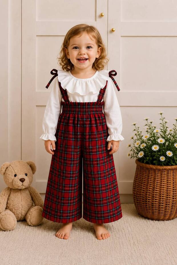 White Long Sleeve Blouse and Plaid Wide-Leg Pants