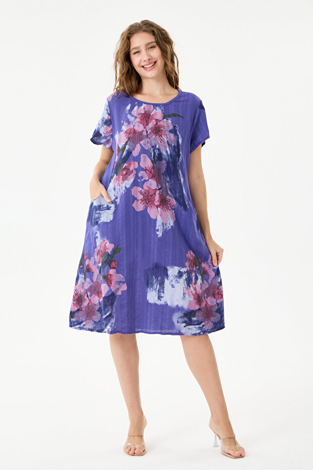 Purple Italian Floral and Batik Patterned Dress with Double Side Pockets Size 38 - 44