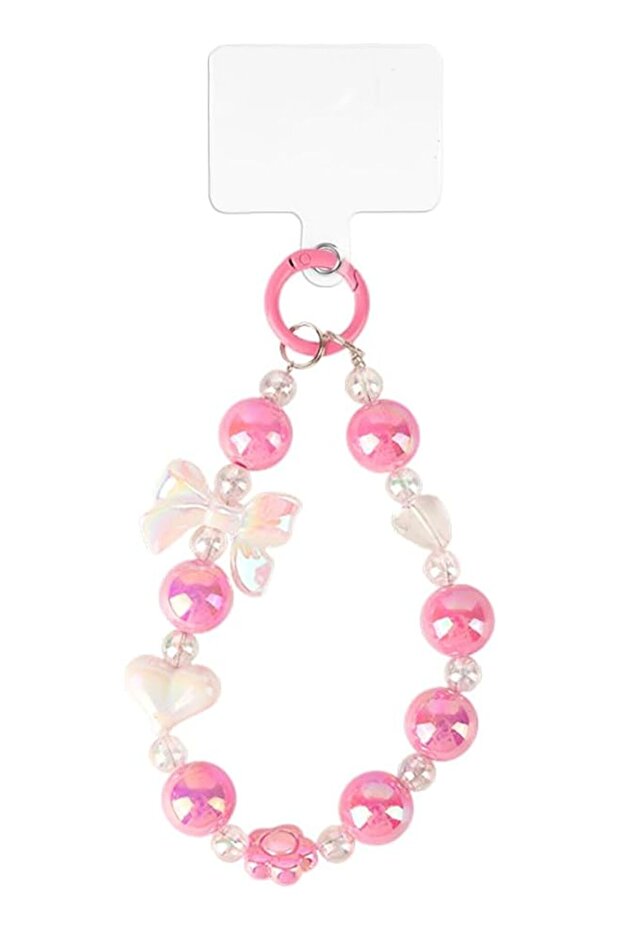 Cute Y2K Beaded Phone Charm Strap, Detachable Pearl Wrist Lanyard with Pink Butterfly Star & Heart Beads