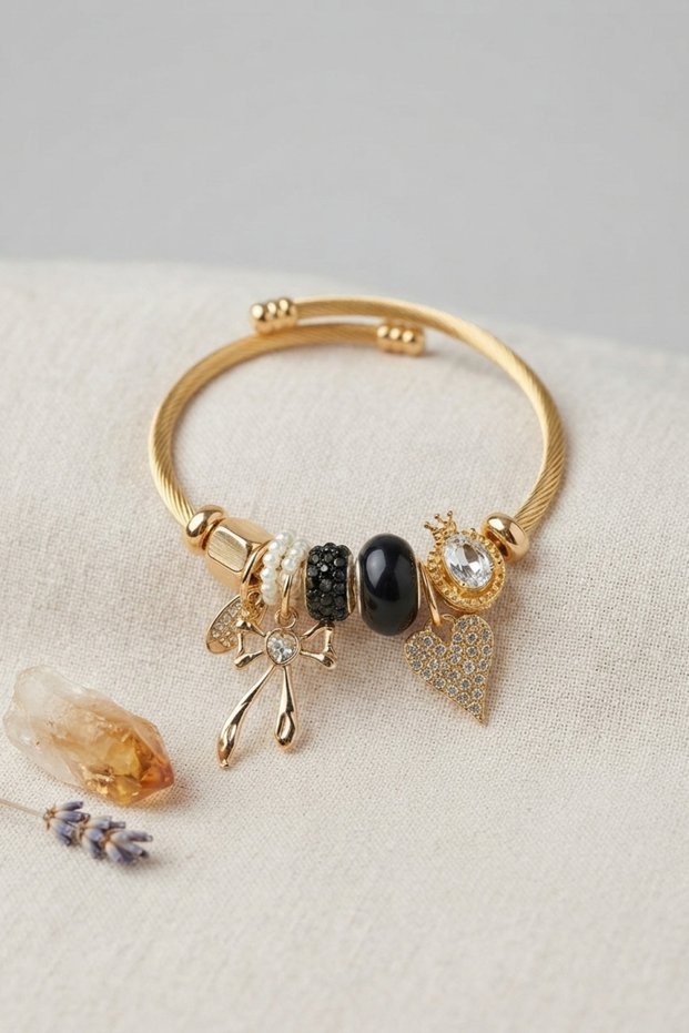 Bow and Heart Black Charm Bracelet