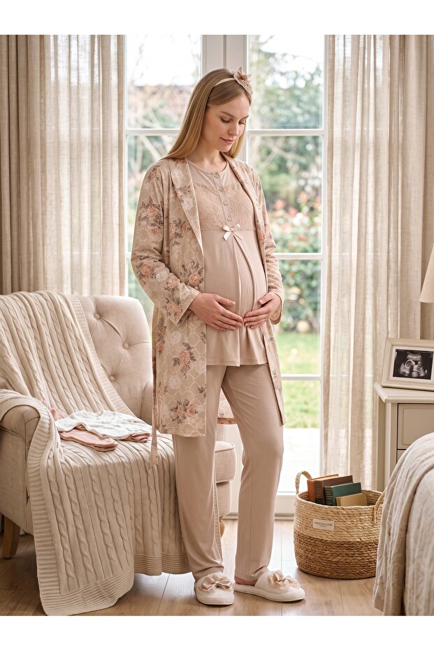 New Season Mink Shawl Collar Patterned Lace Detailed Design Buttoned Short Sleeve Maternity Pajama Set 3-Piece Set