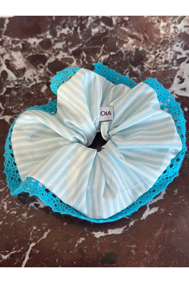 Okul White Turquoise Striped Lace Scrunchie Rubber Hair Tie