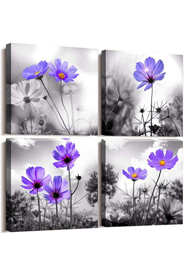 Canvas wall art for bedroom Black and white landscape purple flowers bathroom wall Decor for kitchen Artwork 12" x 12" 4 Pieces Framed Canvas