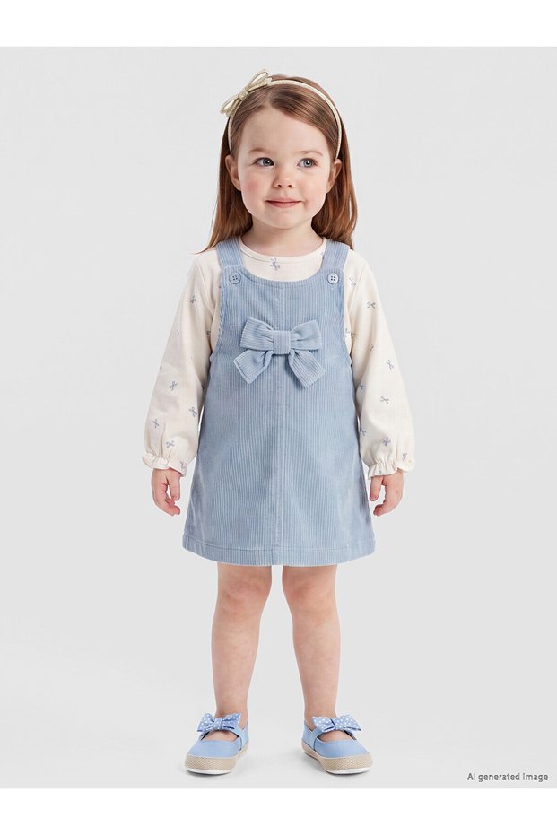 Lcw Baby Blue Bow Velvet Baby Girl Salopet Dress and T-Shirt