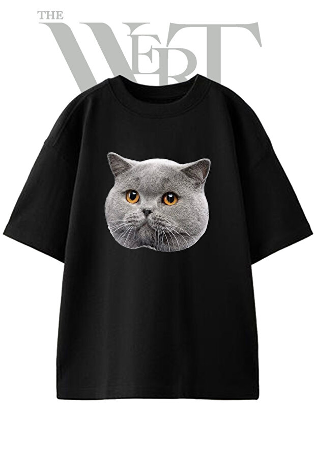 British Cat Design Printed Unisex Black Oversize T-Shirt