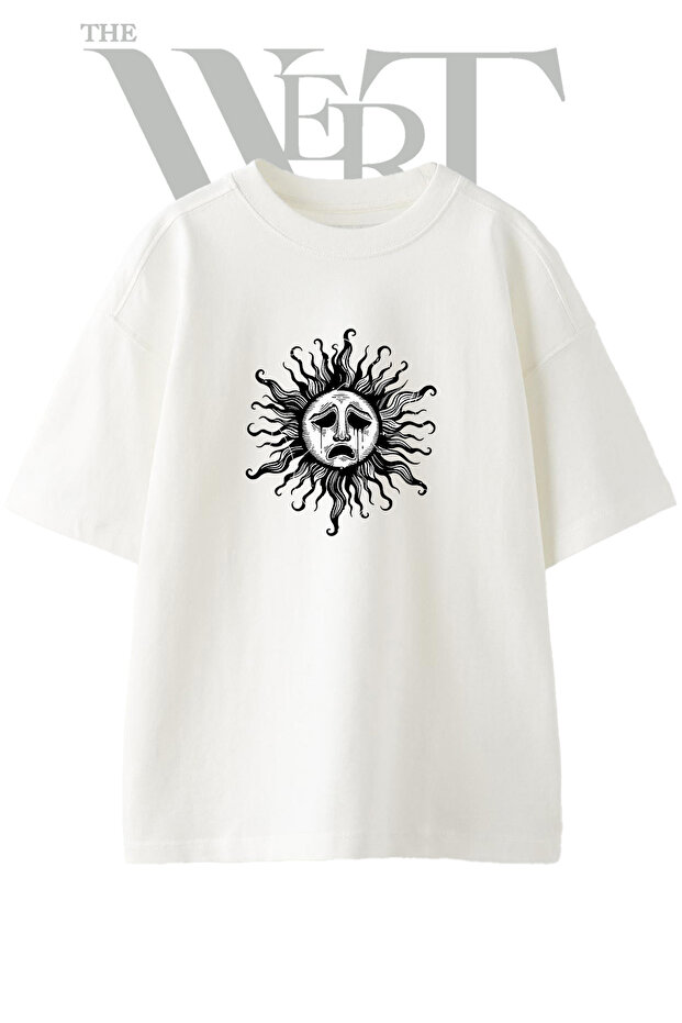 تي شيرت أبيض كبير الحجم مطبوع بتصميم Crying Sun_1 للجنسين