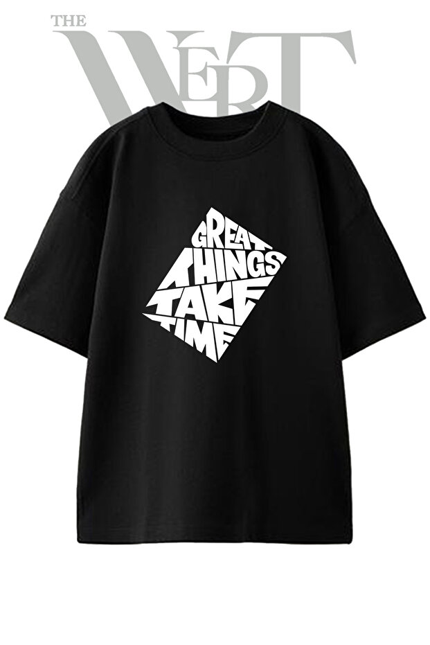 Motivational Quote Design Printed Unisex Black Oversize T-Shirt