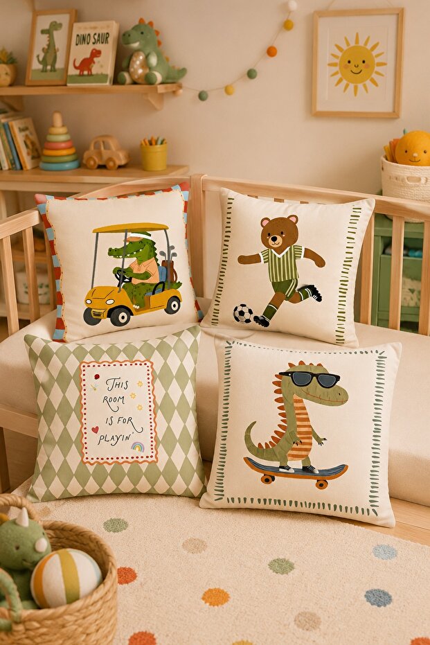Crocodile and Teddy Bear Patterned 4-Piece Children's and Baby Pillowcase Set