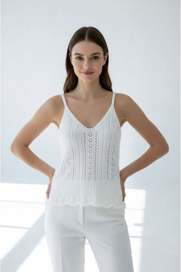 Women's V-Neck Strappy Knitted Embroidered Sporty Stylish Openwork Design Summer Blouse