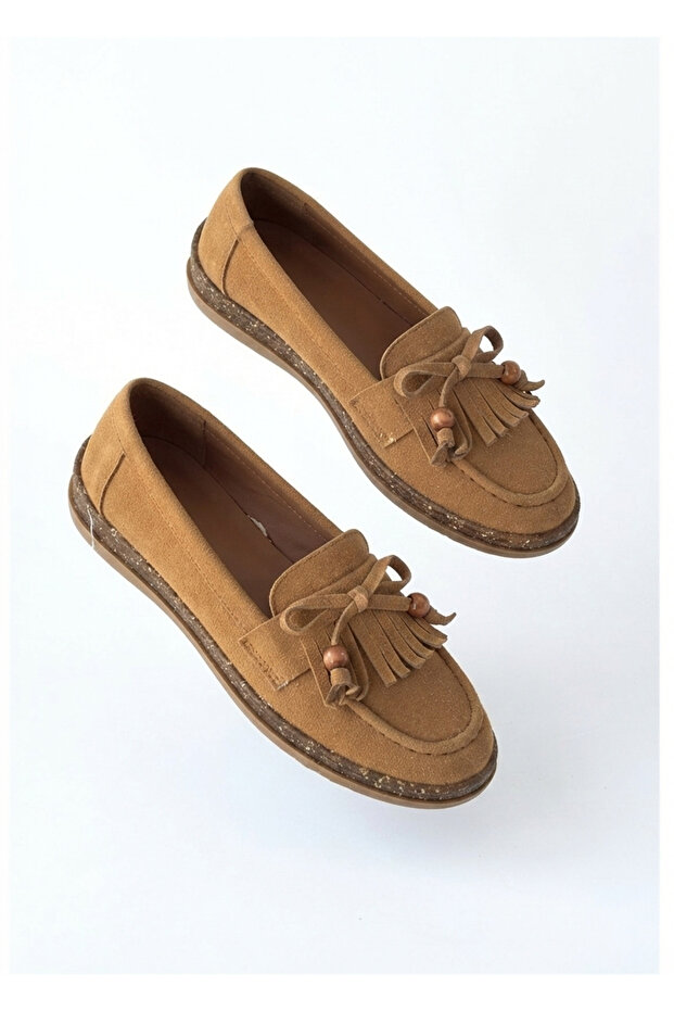 Boriy Premium Tan Leather Powder Suede Tasseled Ballerinas