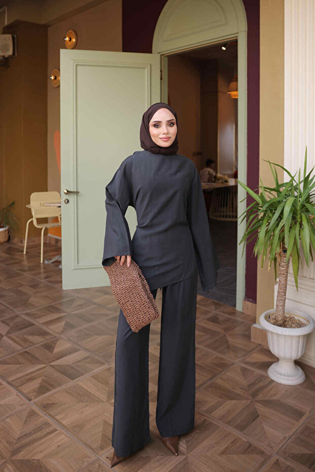 Anthracite Waist-Tie Tunic and Trousers Set