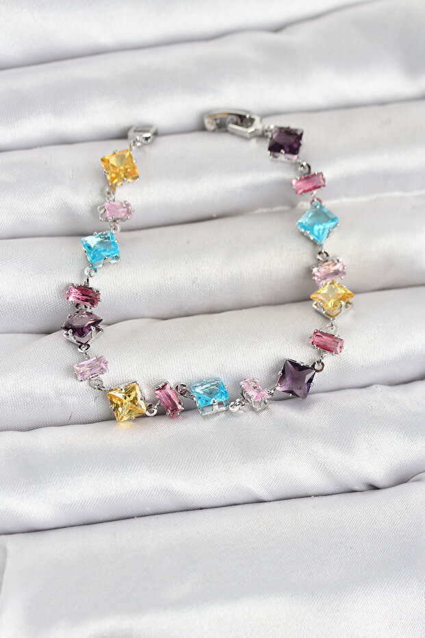 Crystal Stone Cut Mixed Color Silver Color Gema Women's Bracelet