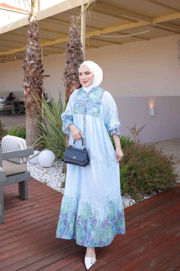 Blue Half-Buttoned Layered Dress with Elastic Sleeves