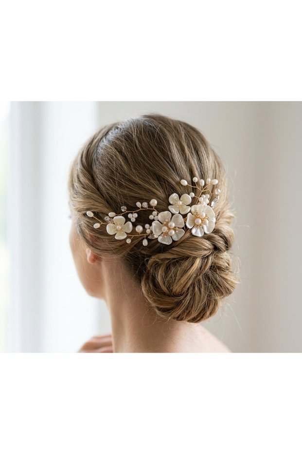 Women's Gold Color Wire Wrapped Floral Pearl and Stone Bridal Hair Comb Accessory and Hair Clip