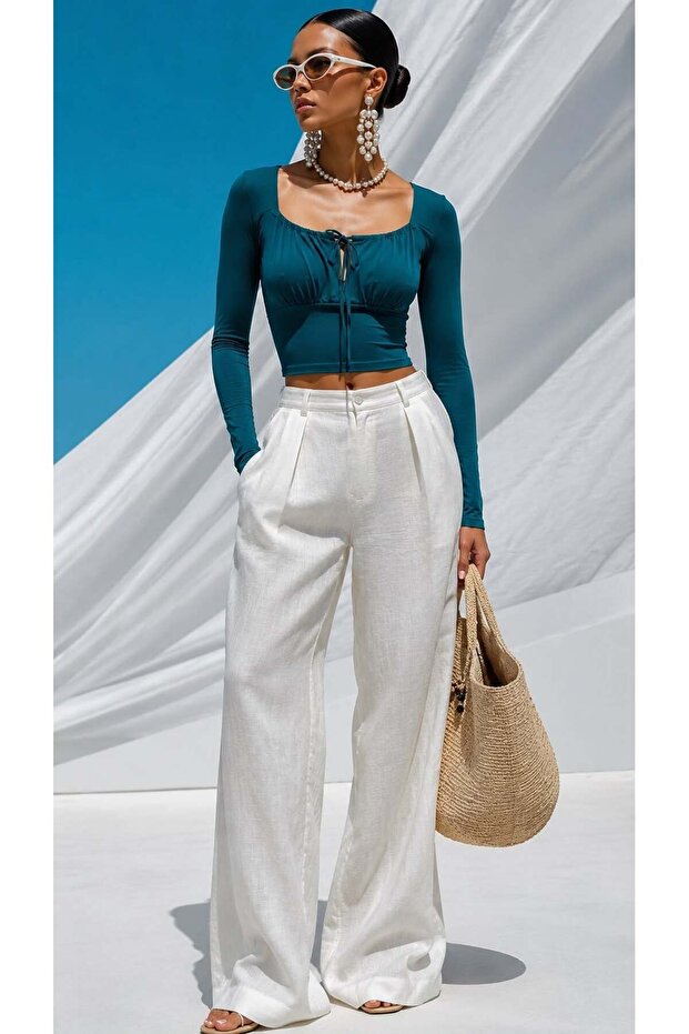 Long Sleeve Square Neck Gathered Detailed Crop Blouse 582376 Emerald