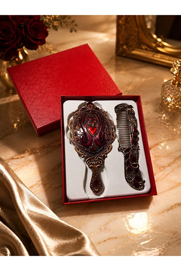 Luxury Gift Boxed Ottoman Palace Collection Antique Copper Stone Embroidered Hand Mirror and Comb Set
