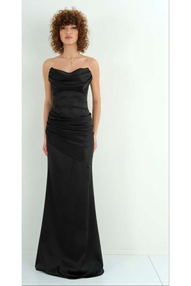 Women's Black Strapless Degaje Collar Drape Detailed Satin Evening Dress