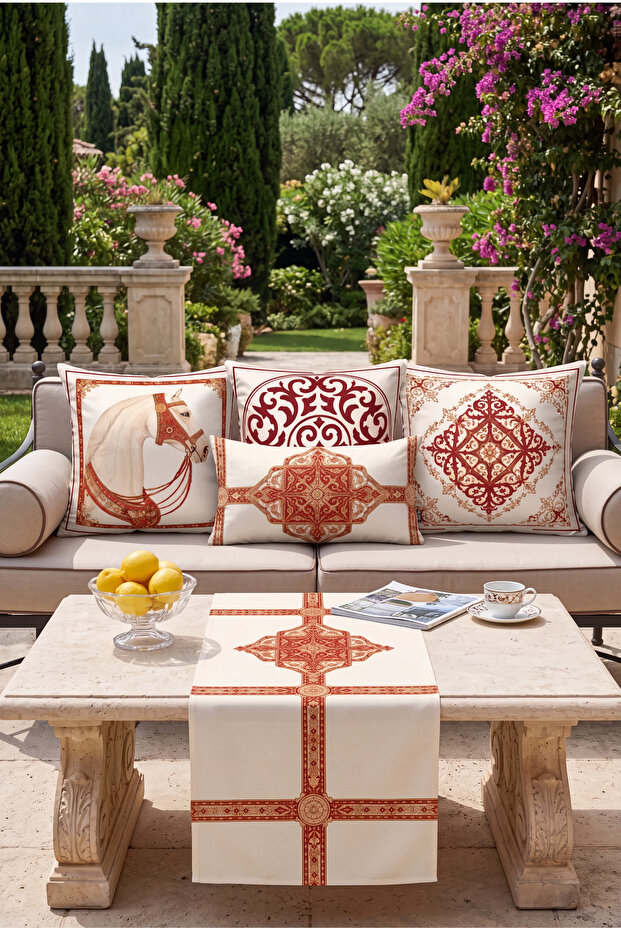 Cavallo Horse Figured Classic Modern Red Cream Burgundy Beige Luxury Horse Patterned Decorative Throw Pillow Cover Double-Sided Digital Print Classic Medallion Pattern 4 Throw Pillow Covers 1 Runner 5-Piece Set Throw Pillow Cover