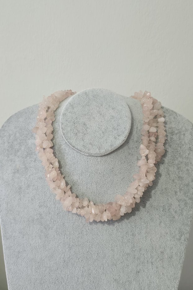 Certified Pink Quartz Natural Stone Necklace (3 Rows)