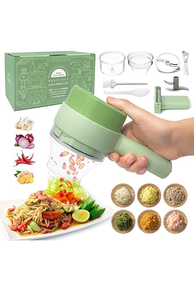 4 in 1 Handheld Electric Vegetable Cutter Set, Portable Mini Wireless Food Processor with Brush, Gatling Vegetable Cutter Electric Garlic Chopper for Garlic Pepper Chili Onion Celery Ginger Meat