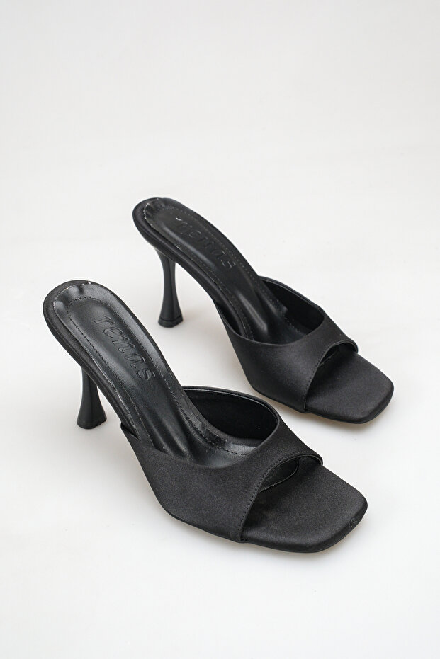 Black Satin Blunt Toe Women's Heeled Slippers
