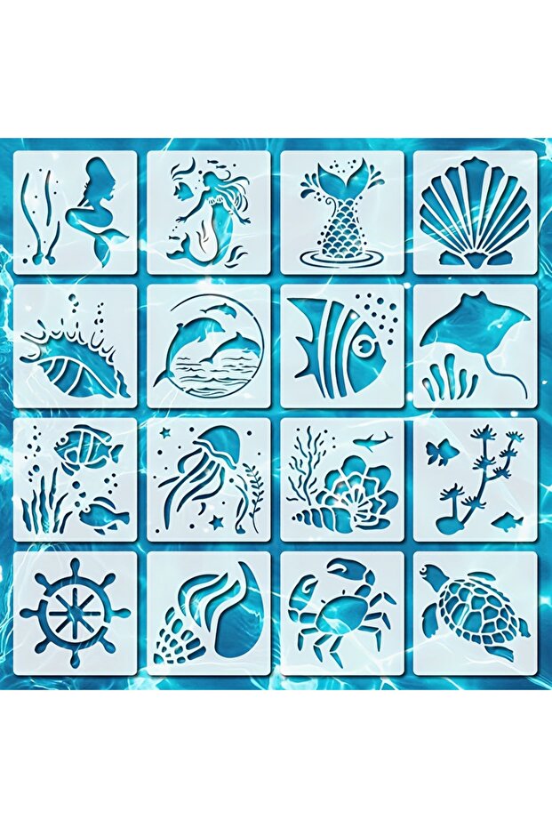 White 16pcs Reusable DIY Sea Ocean Creatures Stencils,Sea Life Mermaid Stencil,Art Craft Template fo