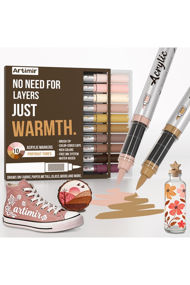 Portrait Tones Pro Color Series Acrylic Paint Markers Set, 10 Colors Brush Tip for Glass Ceramic Can
