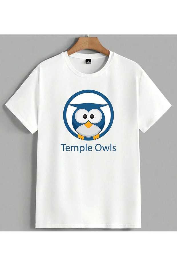 Temple Owls Baykus Logo Blue Printed Unisex Oversize T-Shirt White