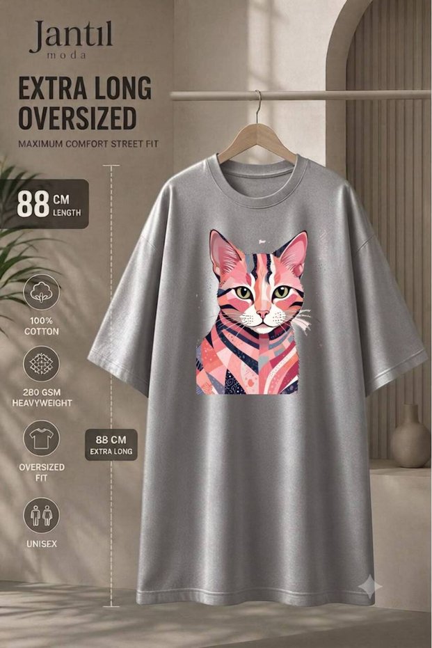 Crew Neck Colorful Geometric Cat Figured Extra Long Oversize Tunic T-Shirt Short Sleeve