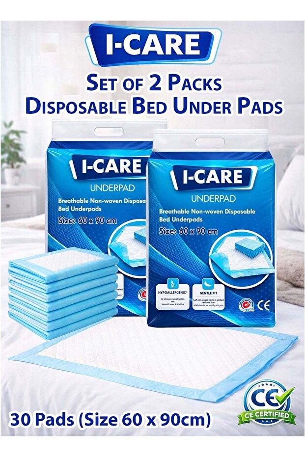 I-Care I-CARE Disposable Underpads 60x90 cm Leak-Proof Bed & Mattress Protector Pads – Ultra Absorbent Incontinence Underpad with SAP & Fluff Pulp Core Waterproof PE Backing Soft Non-Woven Top Sheet H