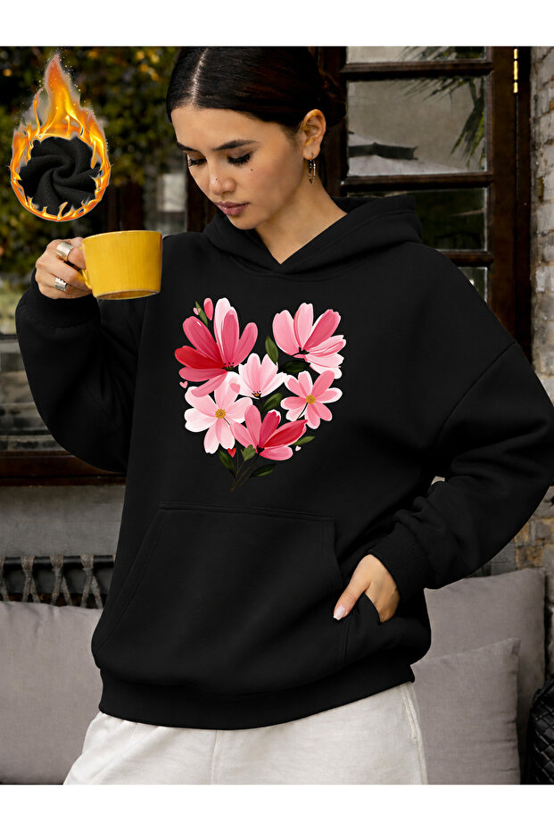 Unisex Floral Heart Printed Hooded Kangaroo Pocket Comfortable Fit Regular Cut Sweatshirt