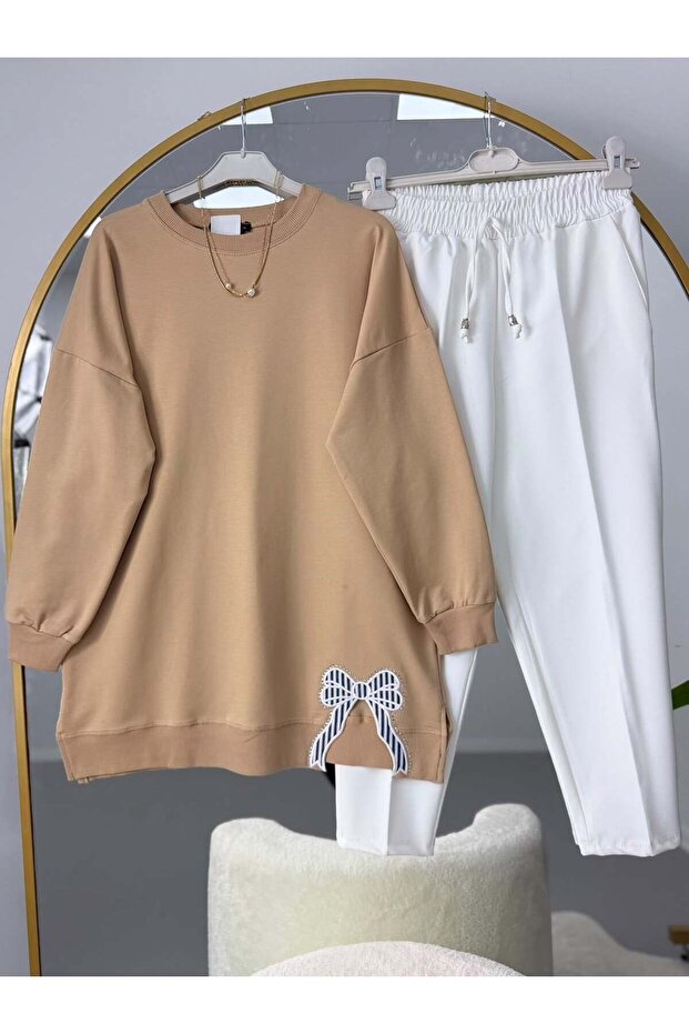 Ribbon Embroidered Hijab Tunic Pants Set Beige